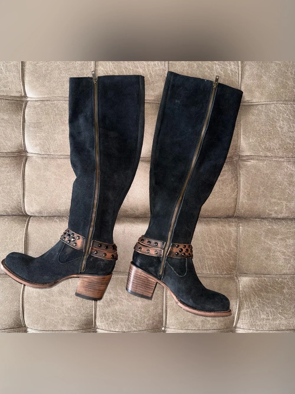Freebird Daisy Black Suede Over-the-Knee Studded Boots with Brown Harness